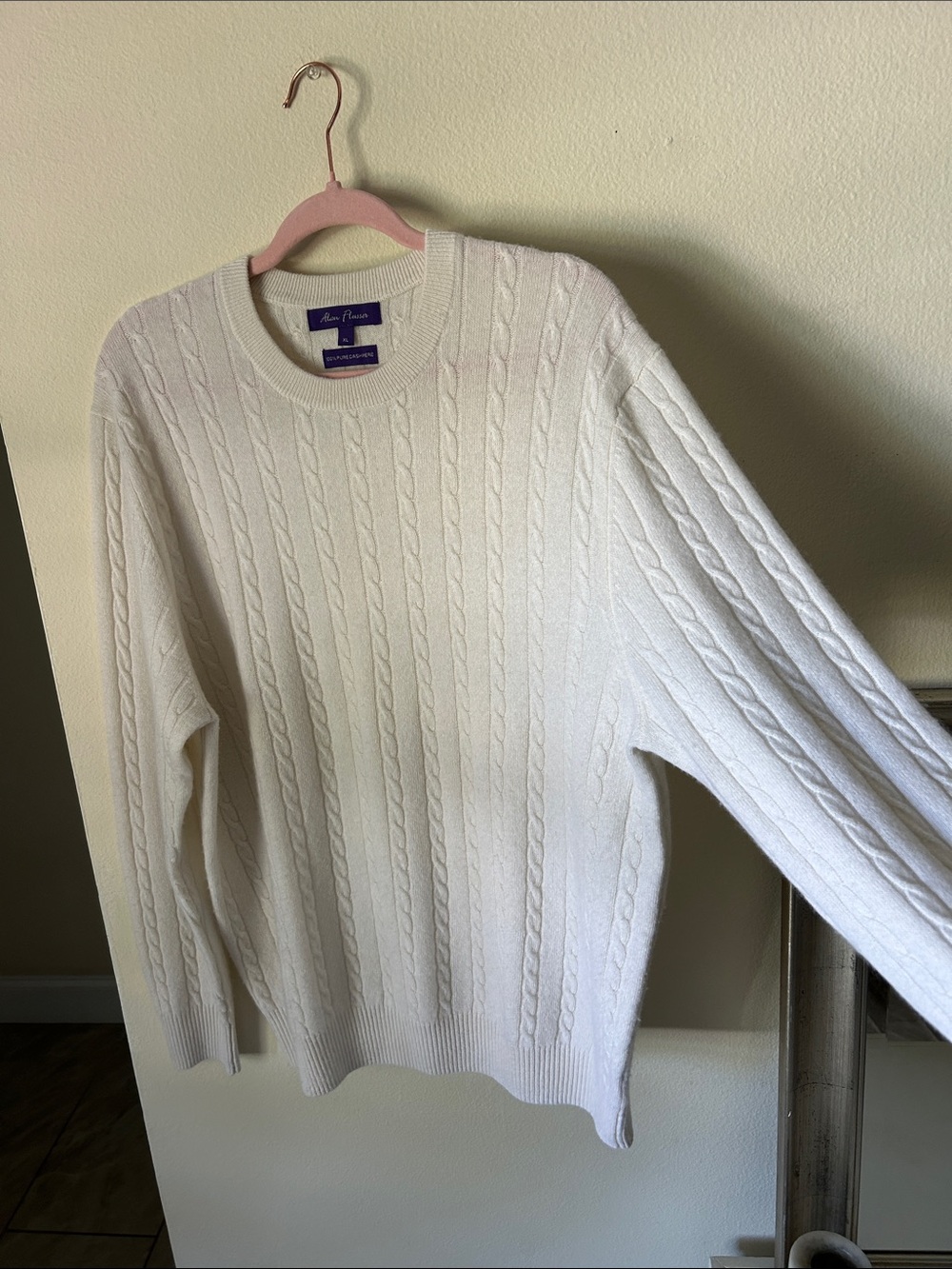 Alan Flusser 100% Cashmere cream off white cable knit classic men’s Sweater XL